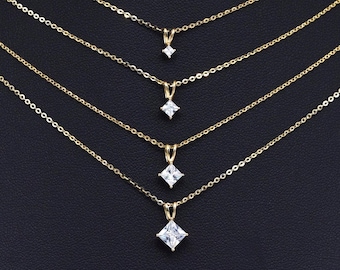 14K Solid Gold Princess Cut Mossanite Necklace, Solid Gold Diamond Solitaire Pendant, Shining Gemstone Necklace, Dainty Moissanite Pendent