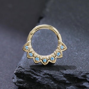 14K Solid Gold Flower with Blue CZ Clicker Earring, Solid Gold Dainty Floral Daith Helix Cartilage Hoop, 14K Gold Nose Ring, Septum Ring 16g