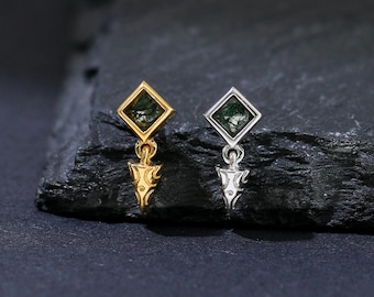 14K Gold Plated Moss Agate Square Dangle Stud Earring, 925 Silver Gemstone Threadless Push Pin, Cartilage Helix Tragus Lobe Piercing Earring