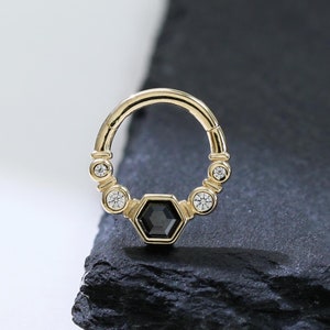 14K Solid Gold Hexagon Cubic Zirconia Clicker Hoop, Solid Gold Dainty Black Diamond Conch Helix Hoop, 14K Gold Nose Ring, 16G Septum Ring