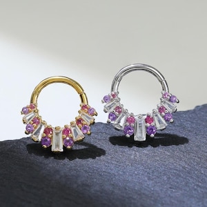 14K Gold Plated White Topaz Amethyst with Light Rhodolite Garnet Daith Clicker, 925 Sterling Silver Multi Gemstone Nose Piercing Clicker