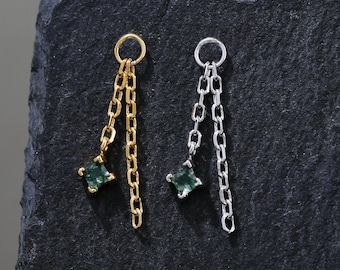 14K Gold Plated Dangle Chain Moss Agate Charm, Sterling Silver Drop Moss Agate Clicker Charm Attachment, Helix Cartilage Hoop Charm