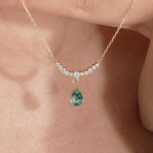 14K Solid Gold Natural Moss Agate Teardrop Necklace Green Gemstone Necklace Simulated Diamond Wedding Necklace Anniversary Bridal Gifts