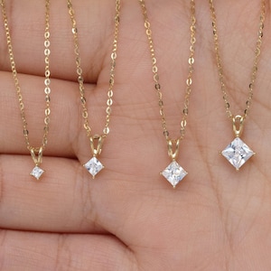 14K Solid Gold Princess Cut Mossanite Necklace, Solid Gold Diamond Solitaire Pendant, Shining Gemstone Necklace, Dainty Moissanite Pendent