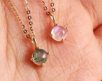 14K Solid Moss Agate/Moonstone Pendant Necklace,Natural Moss Agate Pendant, Solitaire Gemstone Pendant, Gold Dainty Pendant, Gift For Mom