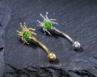 14K Gold Plated Spider Tsavorite with Diopside Rook Piercing Ring, Sterling Silver Dainty Green Gemstone Eyebrow Labret Ring Belly Ring 16G