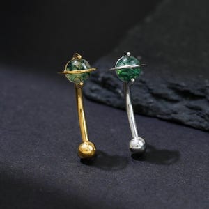 Moss Agate Galaxy Planet Rook Earring, Single Gemstone Curved Barbell Belly Ring, 925 Silver Eyebrow Ring, Internal Threaded Navel Ring