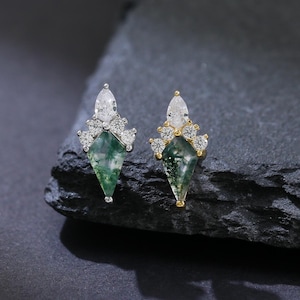 14K Gold Plated Rhombic Moss Agate with Moissanite Helix Stud, 925 Sterling Silver Green Gemstone Stud, Silver Dainty Diamond Earlobe Stud