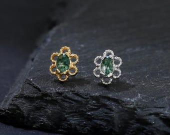 14K Gold Plated Moss Agate Flower Helix Flat Back Piercing, 925 Sterling Silver Oval Gemstone Stud, Floral Tragus Cartilage Push Back Stud