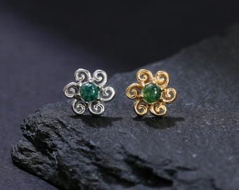 14K Gold Plated Flower Moss Agate Helix Stud, 925 Sterling Silver Floral Pattern Threadless Stud, Silver Tragus Cartilage Push Back Stud