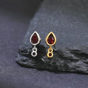 14K Gold Plated Garnet Teardrop Stud Earring, 925 Silver Dangle Garnet Threadless Push Pin, Cartilage Helix Tragus Earlobe Piercing