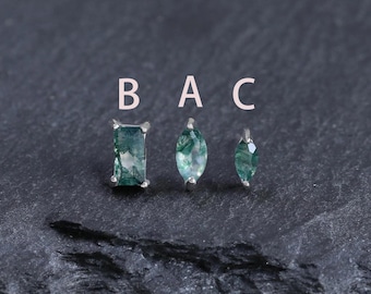 14K Gold Plated Moss Agate Stud Earring, 925 Sterling Silver Baguette or Marquise Gemstone Earring, Helix Conch Cartilage Stud, Gift for Her