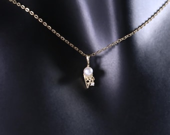 14k Solid Gold Eis Perle mit Moissanite Halskette, Solid Gold Zierliche niedliche Halskette, Solid Gold Eis Waffel Halskette, Sommer Schmuck