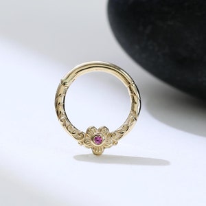 Boucles d'oreilles fleurs et lianes en or massif 14 carats, anneaux hélicoïdaux pétales de conque en or massif, anneaux de nez fins diamants en or 14 carats, septum avec cz rouge 16 g