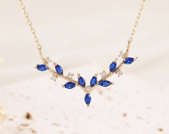 14K Solid Gold Deer Antlers Necklace, Blue Sapphire Necklace, Dainty Necklace, Classic Sapphire Necklace , Gift For Her