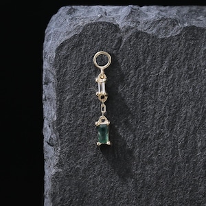 14K Solid Gold Moss Agate Dual Baguette Dangle Charm, Stacked Double Gemstone Pendant, Charm Connector for Cartilage Helix Rook Hoop Earring