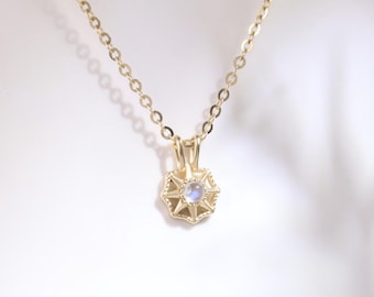 14K Solid Gold Sunburst Moonstone Pendent, Dainty Sunshine Necklace, Starburst Celestial Necklace, Gift For Her