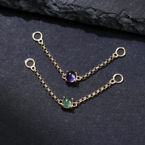 14K Solid Gold Moss Agate Solitaire Nose Chain, Single Amethyst Polished Cartilage Helix Chain Attachment, Minimalist Conch Chain Ear Jacket