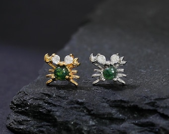 14K Gold Plated Moss Agate Crab Stud Earring, 925 Sterling Silver Moissanite Cartilage Helix Threadless Pin, Ocean Animal Earlobe Piercing