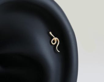 Pendiente de botón sin rosca con forma de serpiente en oro macizo de 14 quilates, con diseño de animal y parte trasera plana, para piercing de hélix, trago, lóbulo y cartílago.