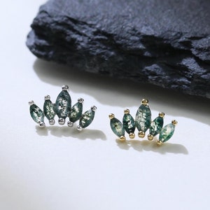 14K Gold Plated Moss Agate Helix Cartilage Stud, 925 Sterling Silver Floral Moss Agate Stud, Silver Dainty Flower Earlobe Upper Lobe Stud