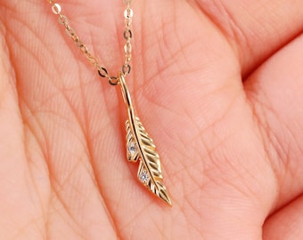 14k Solid Gold Feather Pendant, Feather Necklace, Feather Charm Necklace, Leaf Charm Necklace, Gift for Her