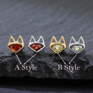14K Gold Plated Fox Red Garnet Peridot Stud Earring, 925 Sterling Silver Fan Shaped Gemstone Earlobe Stud, Helix Conch Cartilage Stud