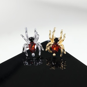 14K Gold Plated Spider Garnet with Black Onyx Helix Stud, 925 Sterling Silver Gemstone Threadless Pin Stud, Tragus Conch Cartilage Stud