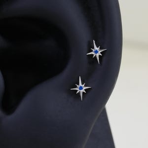 14K Gold Plated Tiny Star Shaped Stud Earring, 925 Sterling Silver Blue Cubic Zircon Celestial Helix Earlobe Earring, Conch Cartilage Stud