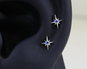 14K Gold Plated Tiny Star Shaped Stud Earring, 925 Sterling Silver Blue Cubic Zircon Celestial Helix Earlobe Earring, Conch Cartilage Stud