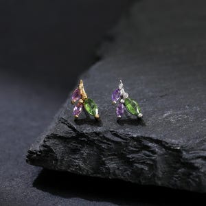 Chrome Diopside Amethyst Floral Leaf Stud Earring, 925 Silver Botanical Gemstone Threadless Push Pin, Cartilage Helix Tragus Piercing