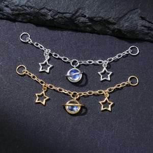 Moonstone Planet & Star Dangle Nose Chain, Celestial 925 Silver Conch Wrap Chain, Polished Gem Helix Connector, Dainty Industrial Piercing