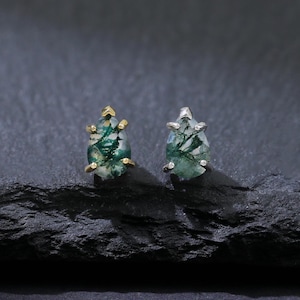14K Gold Plated Moss Agate Threadless Pin Stud, 925 Sterling Silver Pear Shaped Gemstone Stud, Silver Helix Daith Tragus Cartilage Stud