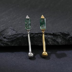 Moss Agate Baguette Rook Earring, Single Gemstone Curved Barbell Belly Ring, 925 Silver Eyebrow Ring, 14K Gold External Threaded Navel Ring