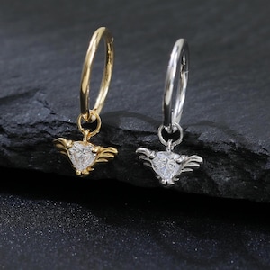 14K Gold Plated Dangle Angel Wings Diamond Charm Hoop Earring, 925 Sterling Silver Heart CZ Charm Hoop, Silver Helix Conch Cartilage Charm