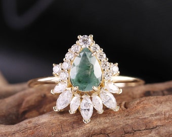 14K Solid Gold Pear Cut Moosachat Brautring, Moosachat Verlobungsring, Gold Halo Ring, Marquise Moissanite Ring, Ehering