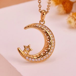 14k Solid Gold Crescent with Star Necklace, Solid Gold Moon with Diamond Pendant, 14K Celestial CZ Pendant, Half Moon Necklace, Gift for Mom