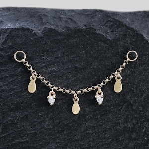 14K Solid Gold Teardrop Dangle Nose Chain, Sparkling CZ Cartilage Helix Chain Attachment, Minimalist Diamond Look Conch Chain Ear Jacket