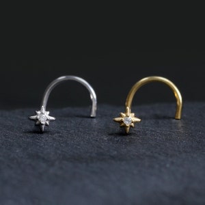 14K Gold Plated Star Celestial S-shaped Cubic Zirconia Nose Stud, 925 Sterling Silver Diamond Nose Piercing, Silver Dainty Diamond Nose Stud