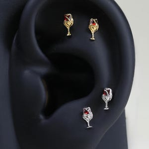 14K Gold Plated Tiny Red Garnet Wine Glass Stud Earring, 925 Sterling Silver Red Square Gemstone Stud, Silver Conch Cartilage Helix Stud