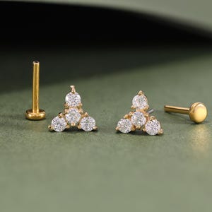 14K Solid Gold Dainty Flower Stud Earring, Gold Triple Petal Cubic Zirconia Threadless Pin, Petal Helix Conch Cartilage Stud, Flat Back.