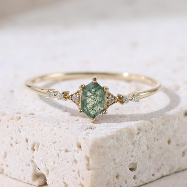 14K Solid Gold Moss Agate with Moissanite Ring, Solid Gold Hexagon Gemstone Ring, Gold Thin Band Ring, Delicate Agate Ring, Promise Ring