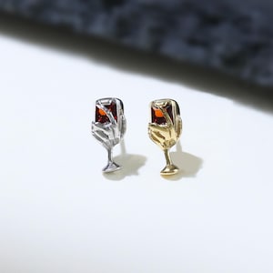 14K Gold Plated Tiny Red Garnet Wine Glass Stud Earring, 925 Sterling Silver Red Square Gemstone Stud, Silver Conch Cartilage Helix Stud