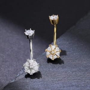 14K Gold Plated Shining Cubic Zirconia Threaded Belly Ring, 925 Sterling Silver Triangle Gemstone Navel Piercing Ring, Diamond Barbell