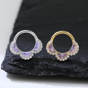 Boucle d'oreille en forme de demi-lune et de zircone cubique bleue en or 14 carats, cliquet de piercing pour le nez en argent sterling 925, anneau de septum plaqué or 14 carats