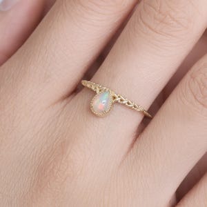 14K Solid Gold Opal Wedding Ring, Pear Cut Natural Opal Promising Ring, October Birthstone Ring, Gold Crown Engagement Ring, Tiara Ring