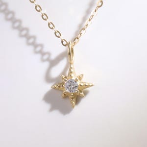 14K Solid Gold North Star Diamond Pendant Necklace, Solid Gold Starburst with CZ Necklace, Gold Dainty Celestial Pendant, Polaris Necklace