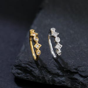 CZ Square & Round Shape Hoop Earring, Minimalist Geometric Sparkling Gemstone Clicker Ring, 925 Silver Cartilage Helix Rook Second Lobe Hoop