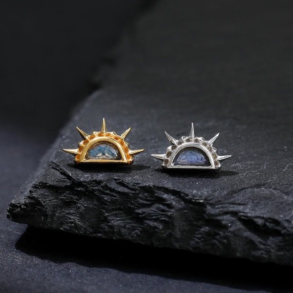 Sunburst Labradorite Earring, Delicate Half Sun Gemstone Stud, 925 Sterling Silver Spike Cartilage Helix Earlobe Piercing, Celestial Jewelry