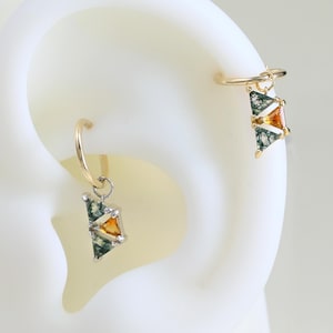 14K Gold Plated Moss Agate with Citrine Charm Earring, 925 Sterling Silver Green Gemstone Hoop, Birthstone Helix Couch Cartilage Hoop Charm
